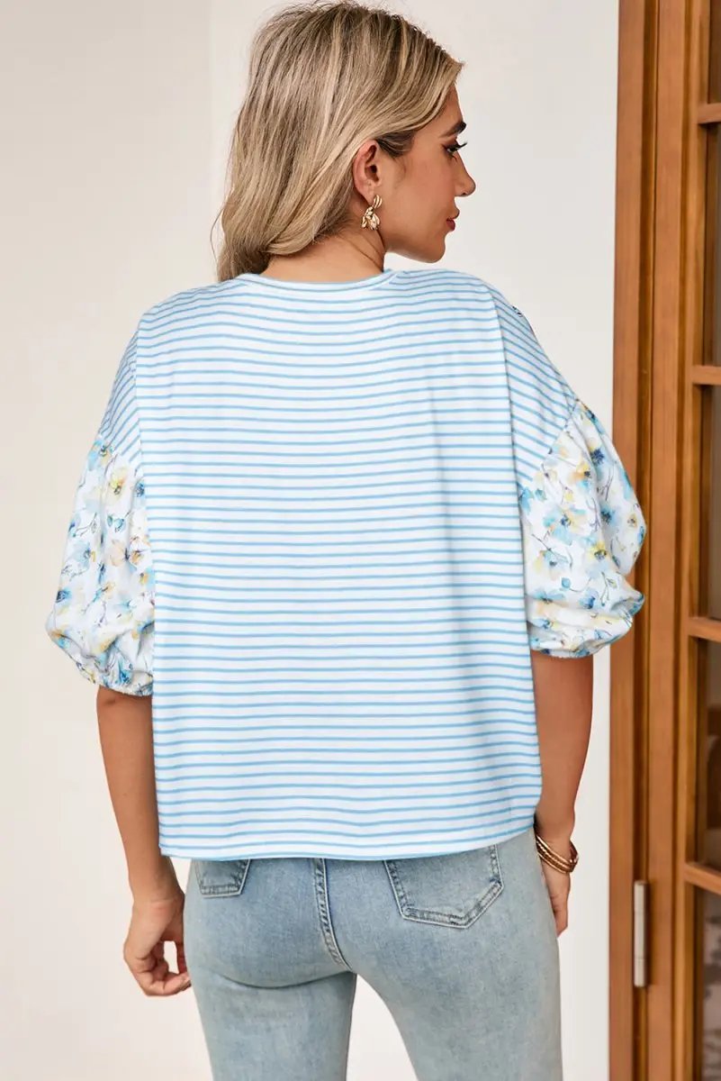 Sky Blue Stripe Three Quarter Floral Puff Sleeve Patchwork Drop Shoulder Top - Love Salve